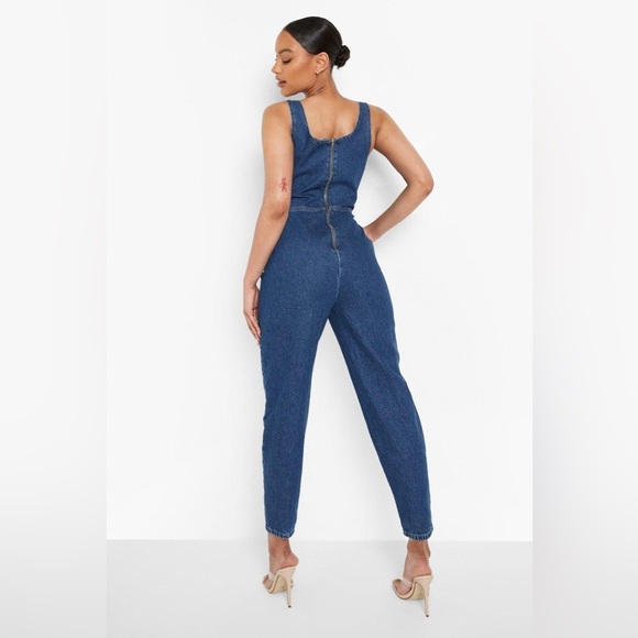 Boohoo Square neck tapered Denim Jumpsuit- Size 6 - Picture 2 of 12